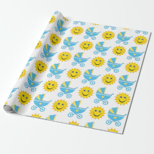 BLUE & YELLOW BABY CARRIAGE & YELLOW SUN GESCHENKPAPIER