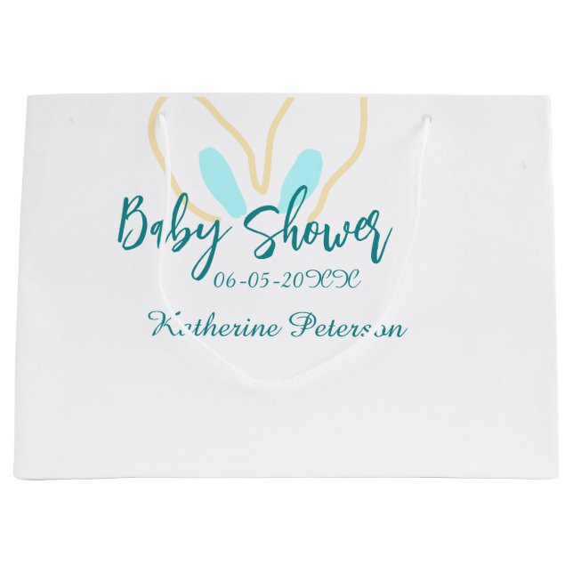 Blue yellow baby shower name date animal ear cute  große geschenktüte (Vorderseite)
