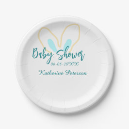 Blue yellow baby shower name date animal ear cute  pappteller