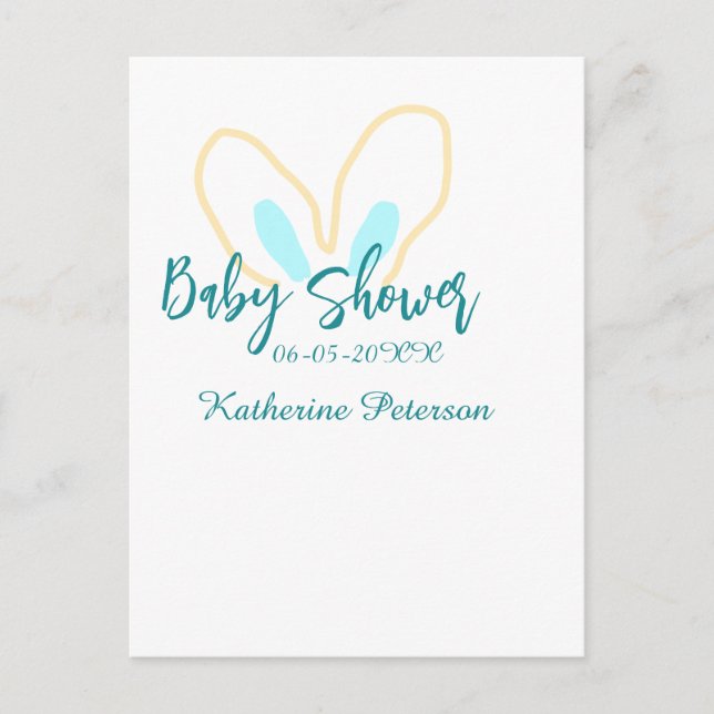 Blue yellow baby shower name date animal ear cute  postkarte (Vorderseite)