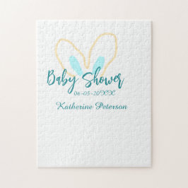 Blue yellow baby shower name date animal ear cute  puzzle