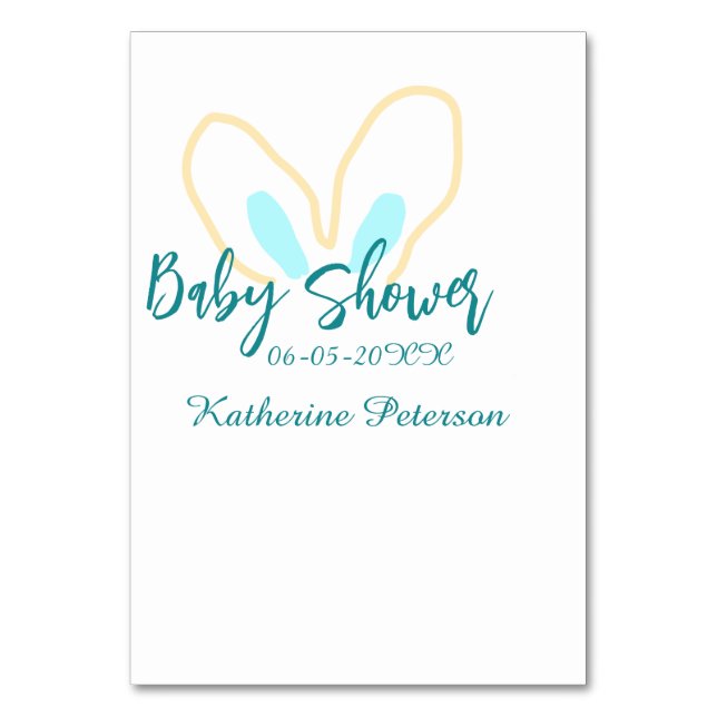 Blue yellow baby shower name date animal ear cute  tischnummer (Vorderseite)