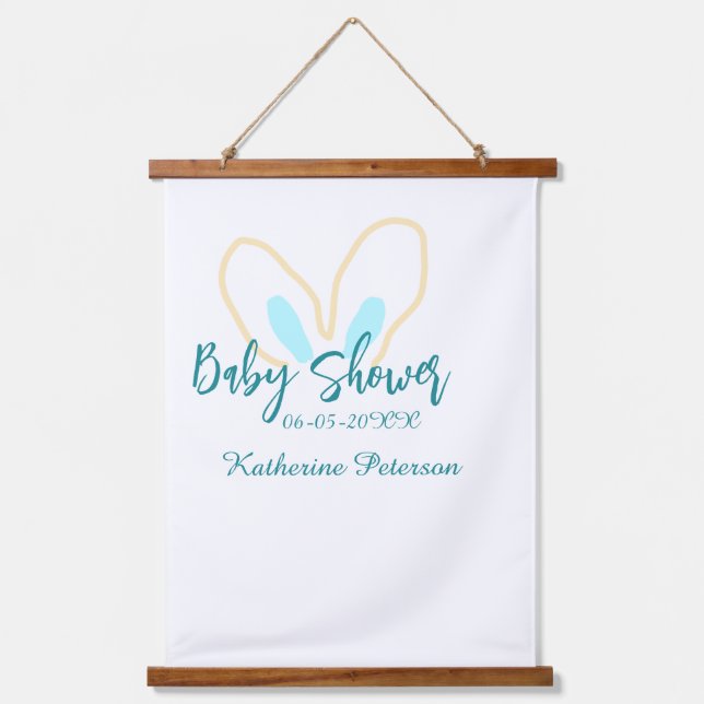 Blue yellow baby shower name date animal ear cute  wandteppich mit holzrahmen (Vorderseite)
