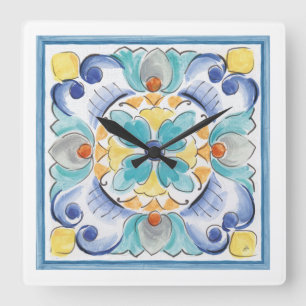 Blue & Yellow Bloom Quadratische Wanduhr