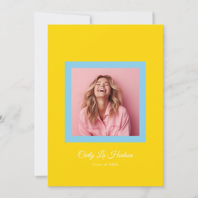 Blue Yellow Bold Minimal High School Photo Grad Ankündigung (Vorderseite)