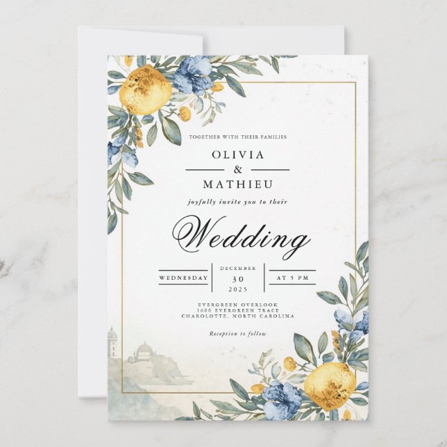 Blue Yellow Botanical Arch Wedding Einladung (Vorderseite)