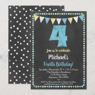 Blue Yellow Chalkboard 4. Geburtstag Einladung