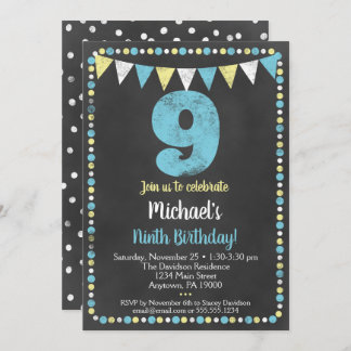 Blue Yellow Chalkboard 9. Geburtstag Einladung