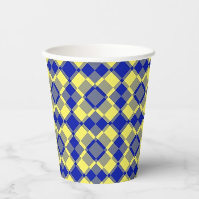 Blue Yellow Checker Argyle Pattern Pappbecher (Vorderseite)