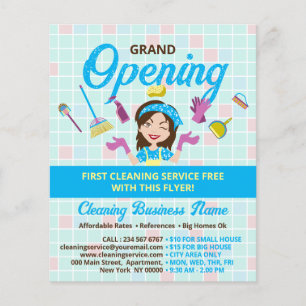 Blue Yellow Cleaning Lady Grand Opening Flyer