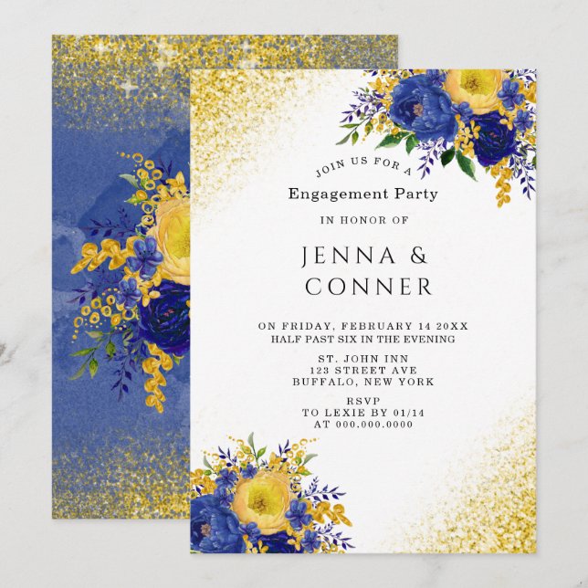 Blue Yellow Floral Gold Glitzer Engagement Party Einladung (Vorne/Hinten)