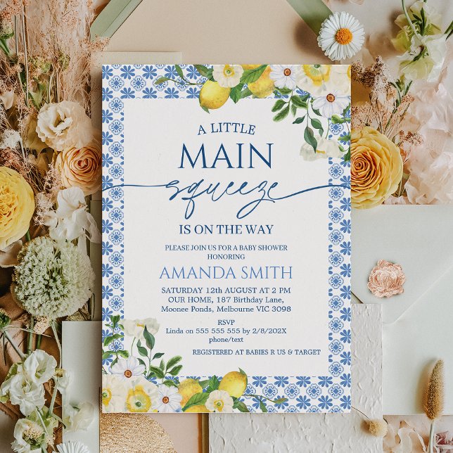 Blue Yellow Floral Lemon Main Squeeze Baby Dusche Einladung (Lemon Baby Shower Invitation Template, Main Squeeze Baby Shower Invitation Yellow Floral Blue Tiles)