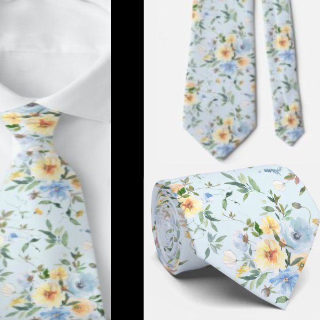 Blue Yellow Floral Watercolor Neck Tie Necktie Krawatte (Von Creator hochgeladen)