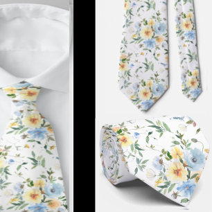 Blue Yellow Floral Watercolor Neck Tie Necktie Krawatte