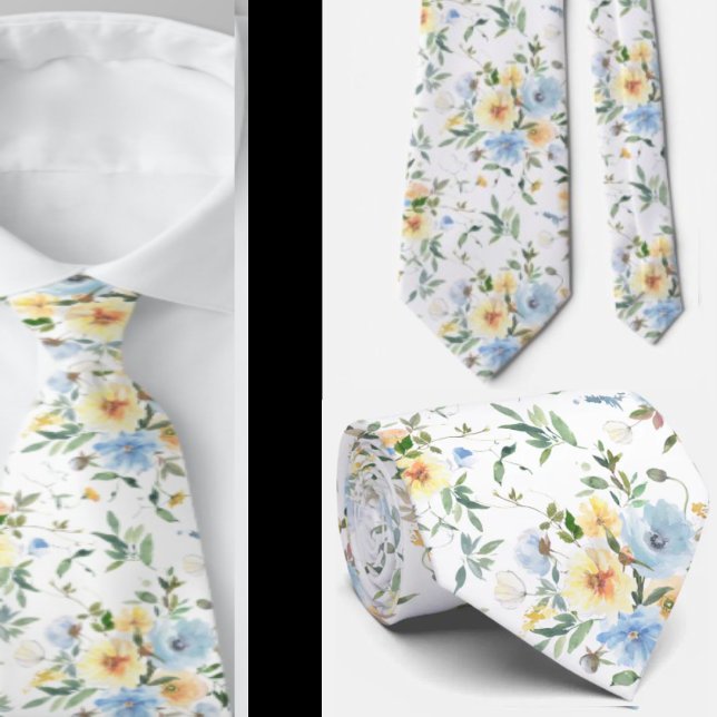 Blue Yellow Floral Watercolor Neck Tie Necktie Krawatte (Von Creator hochgeladen)