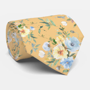 Blue Yellow Floral Watercolor Neck Tie Necktie Krawatte