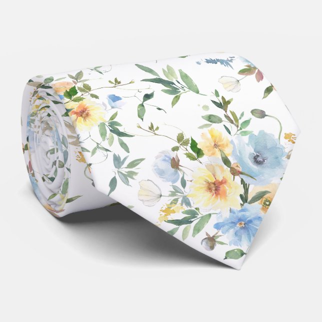 Blue Yellow Floral Watercolor Neck Tie Necktie Krawatte (Gerollt)