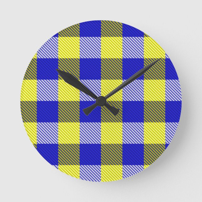 Blue Yellow Gingham Karo Design Runde Wanduhr (Vorderseite)