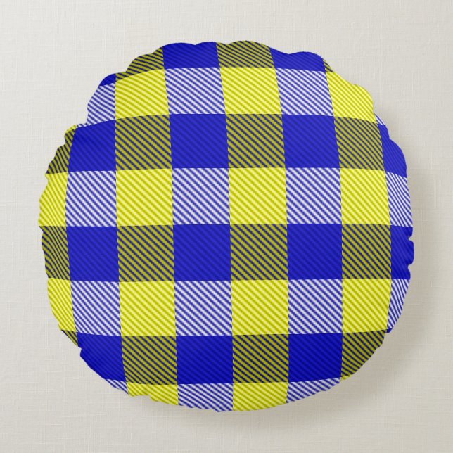 Blue Yellow Gingham Karo Design Rundes Kissen (Vorderseite)