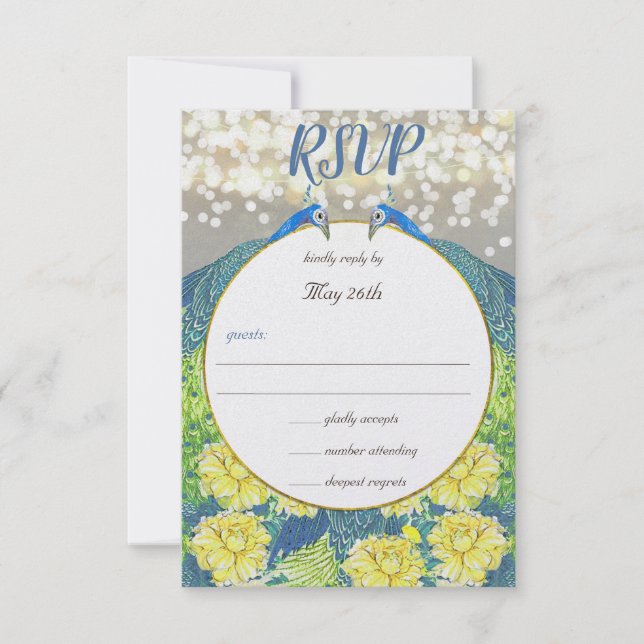 Blue Yellow Gray Peacock Wedding UAWG RSVP Karte (Vorderseite)
