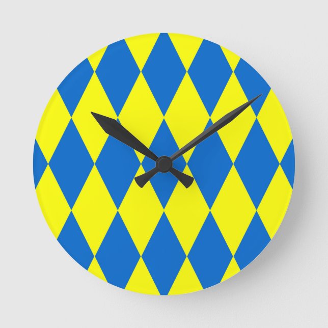 Blue Yellow Harlequin Checkered Design  Runde Wanduhr (Vorderseite)