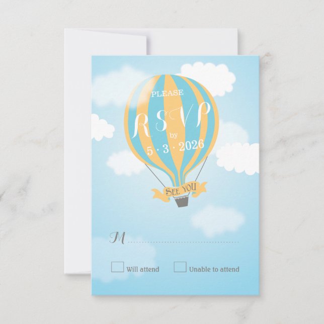 Blue Yellow Hot Air Balloon Baby Showkarte RSVP Ca Karte (Vorderseite)