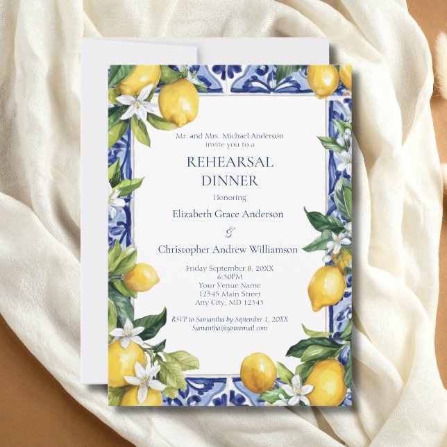Blue Yellow Lemons Mediterranean Rehearsal Dinner  Einladung (Blue White Tile, Mediterranean Lemons Wedding Rehearsal Dinner Invitation. Printed or Digital)