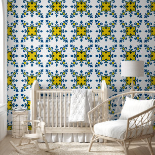 Blue Yellow Lilie Azulejo Pattern Tapete