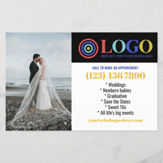 Blue Yellow Logo Photos Promo Small Business Flyer (Vorne)