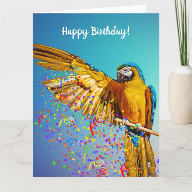 Blue & Yellow Macaw Throws Confetti Karte (Vorderseite)