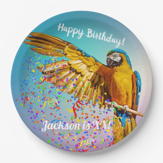 Blue & Yellow Macaw Throws Confetti Paper Pla Pappteller (Vorderseite)