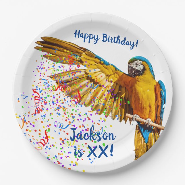 Blue & Yellow Macaw Throws Confetti      Pappteller (Vorderseite)