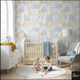 Blue Yellow Mid-Century Abstract Cat Pattern Tapete