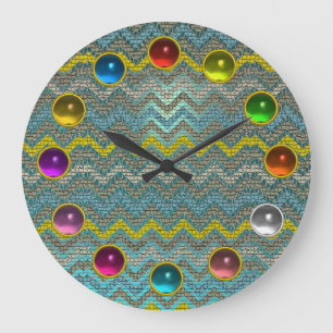 BLUE YELLOW MOSAIC CHEVRONS COLORFUL GEM STONES GROßE WANDUHR