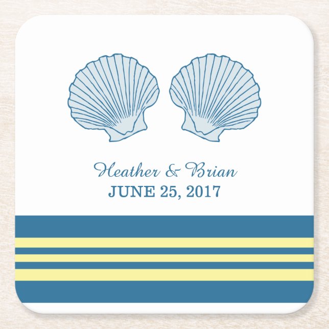 Blue Yellow Nautic Seashells Paper Untersetzer (Vorderseite)