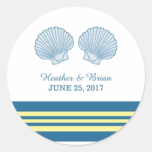 Blue Yellow Nautic Seashells Wedding Stickers (Vorderseite)