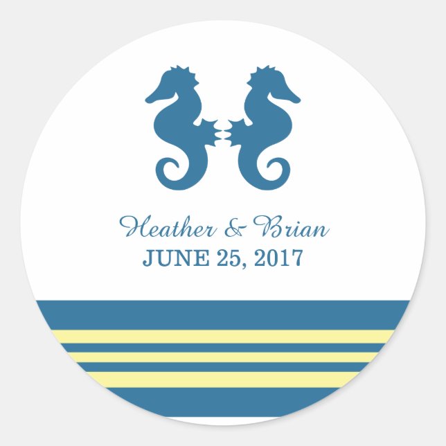 Blue Yellow Nautic Seepferd Wedding Stickers (Vorderseite)