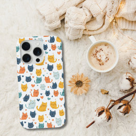 Blue Yellow Orange Kawaii Cat Pattern Cat Lover iPhone 15 Pro Hülle