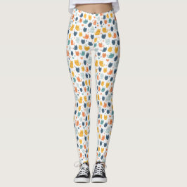 Blue Yellow Orange Kawaii Whimsical Cat Pattern Leggings