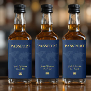 Blue & Yellow Passport-Hochzeit in Urlaubsort Alkoholflaschenetikett