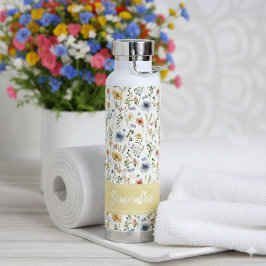 Blue Yellow Pink Floral Name Monogram Wildflower Trinkflasche