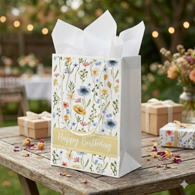 Blue Yellow Pink Watercolor Wildflower Name Kleine Geschenktüte (Von Creator hochgeladen)