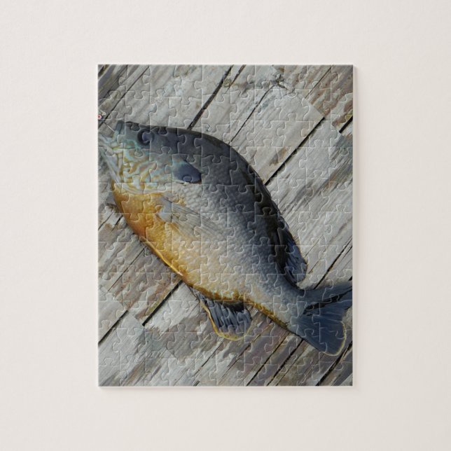 Blue yellow purple teal, Bluegill fish on dock Puzzle (Vertikal)