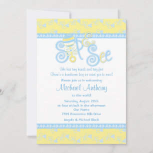 Blue Yellow Rattle Lace Sip N See Baby Dusche Einladung