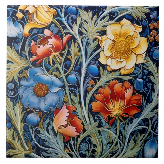 Blue Yellow Red Blume William Morris Style Fliese (Vorderseite)