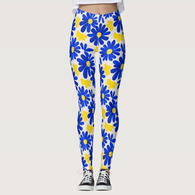 Blue & Yellow Retro Daisy Print Leggings (Vorderseite)
