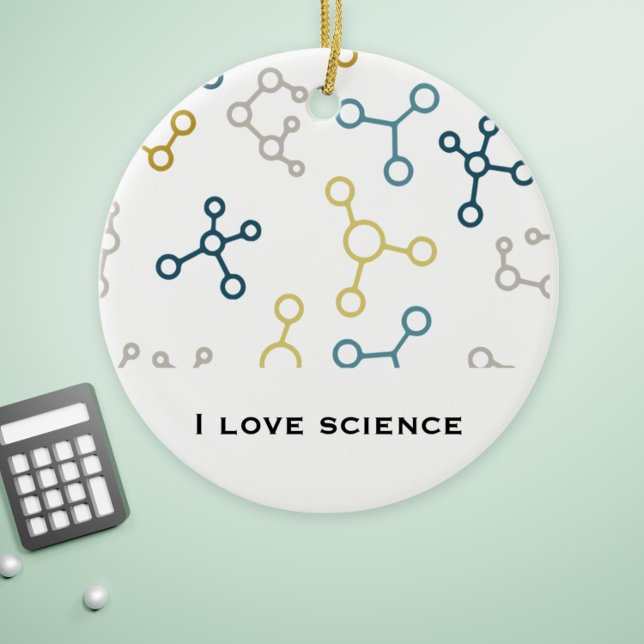Blue Yellow Science Chemical Molecules Weihnachten Keramik Ornament (Simple molecule pattern I love science christmas ornament for chemists, biologist and researchers)