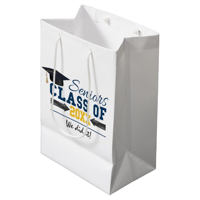 Blue Yellow Typografy Abschluss Gift Bag Mittlere Geschenktüte (Vorderseite Schrägansicht)