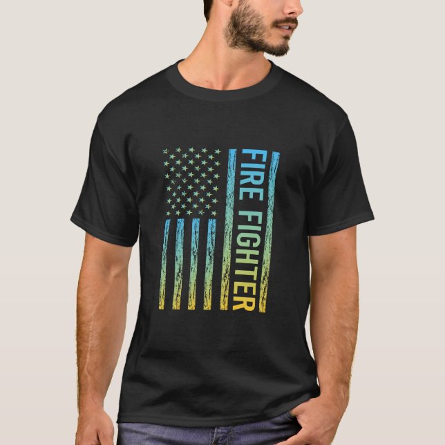 Blue Yellow USA Flag - Feuerwehr T-Shirt (Vorderseite)