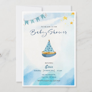 Blue Yellow Watercolor Boat Kinderdusche Einladung